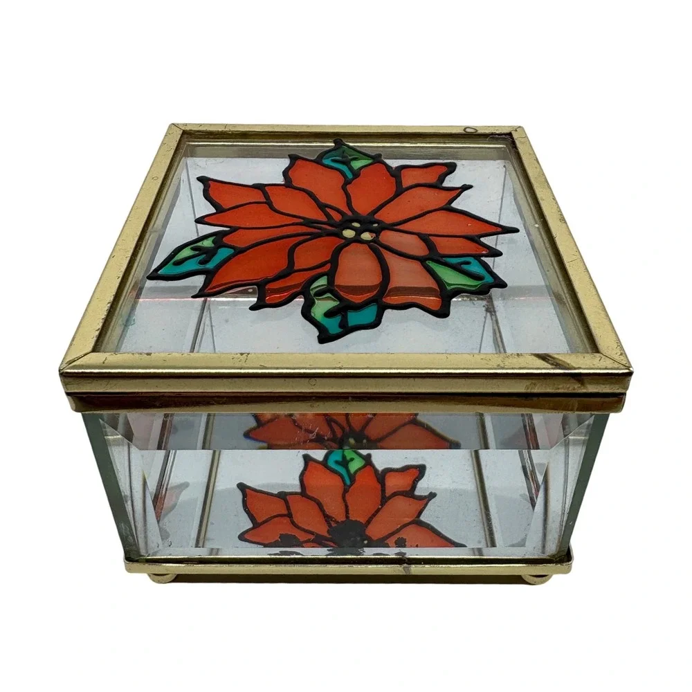 Vtg Glass Jewelry Box Poinsettia Stained Glass Hinged Keepsake Trinket Organizer